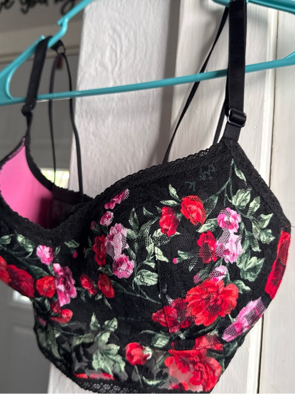 Victoria's Secret Black Bra with Red & Pink Floral Embroidery